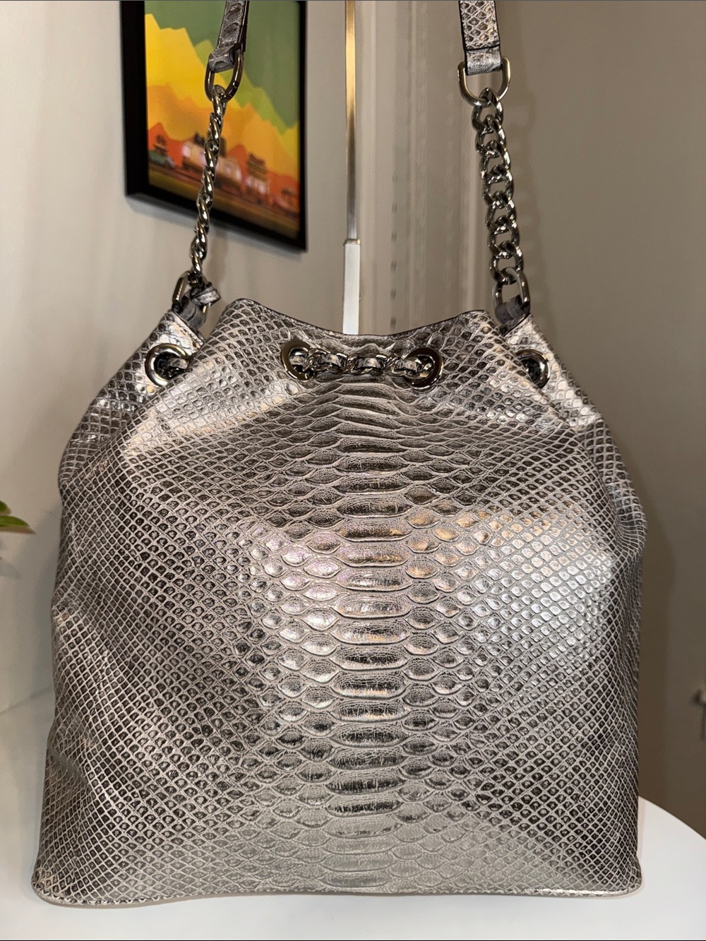 Michael Kors Metallic Silver Python Embossed Leather Frankie Drawstring Bag - Picture 3 of 9